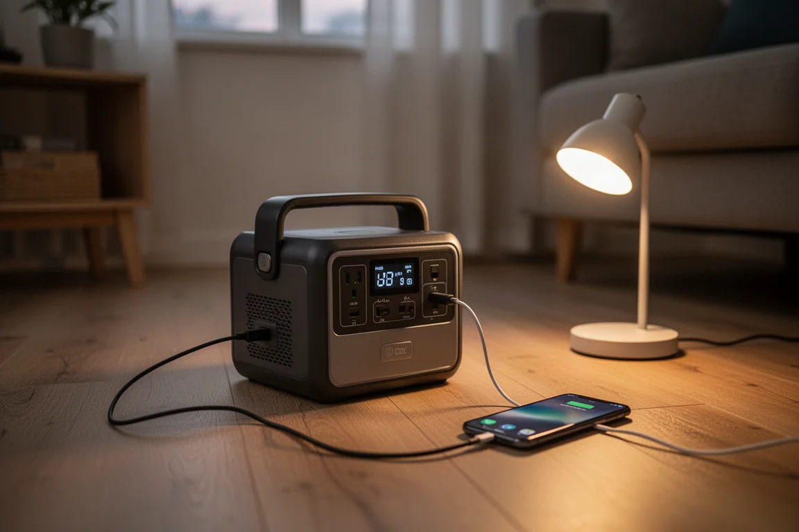 Compact power station charging a phone and lamp in a cozy living room