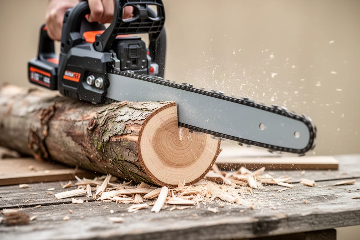 Cordless chainsaw cutting through a log with sawdust flying