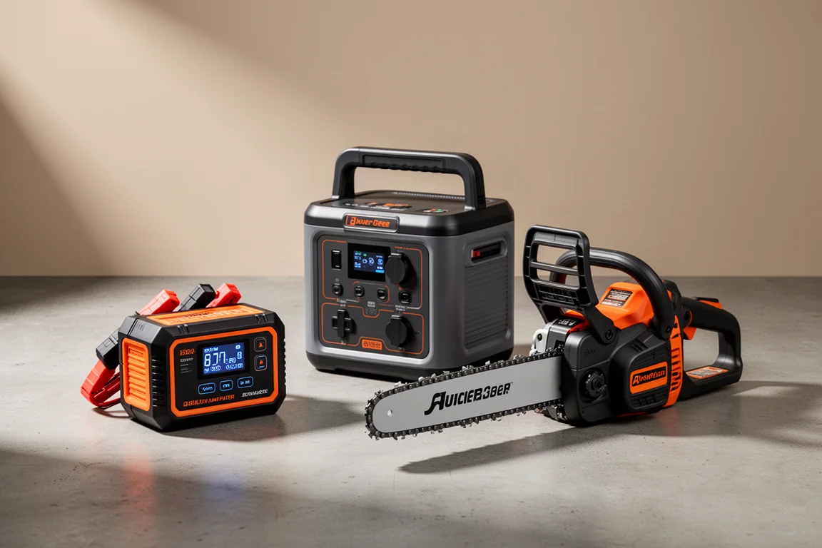 Jump starter, power station and cordless chainsaw arranged on concrete