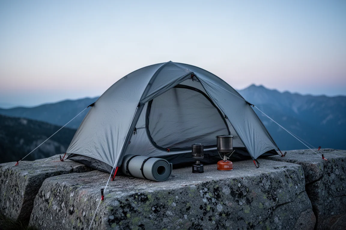 Campeggio al crepuscolo con una tenda ultraleggera fissata agli angoli posteriori sul granito