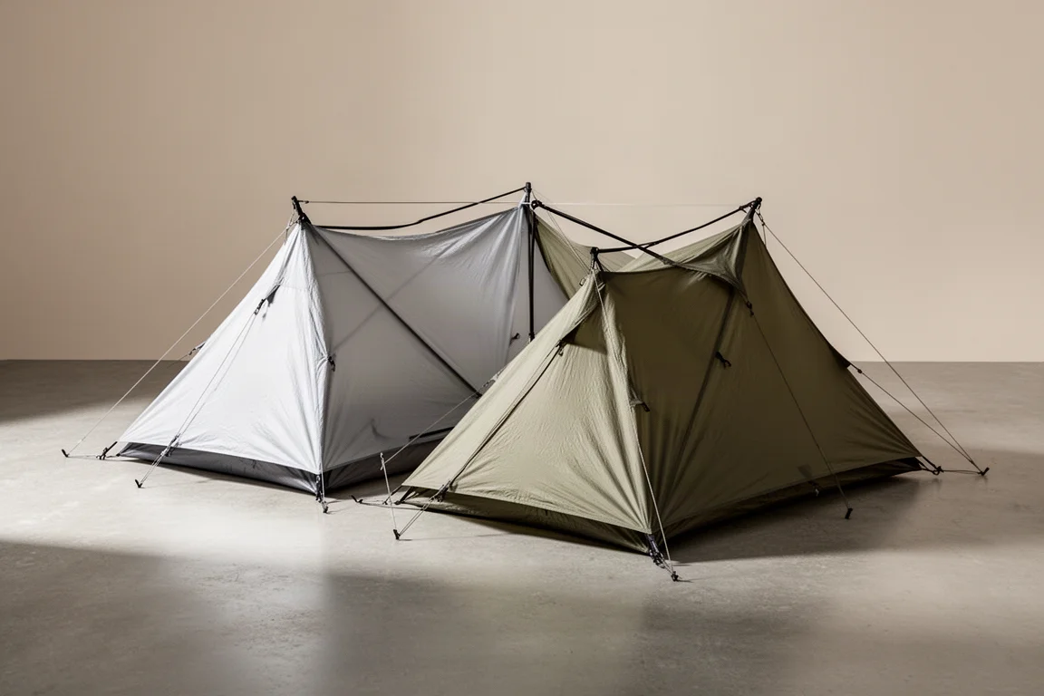 Two semi-freestanding ultralight backpacking tents pitched side by side on a concrete surface