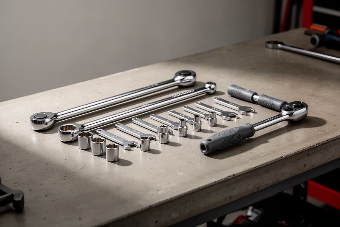 Serpentine belt tool sets with handle bars, sockets, and crowfoot wrenches on a concrete workbench