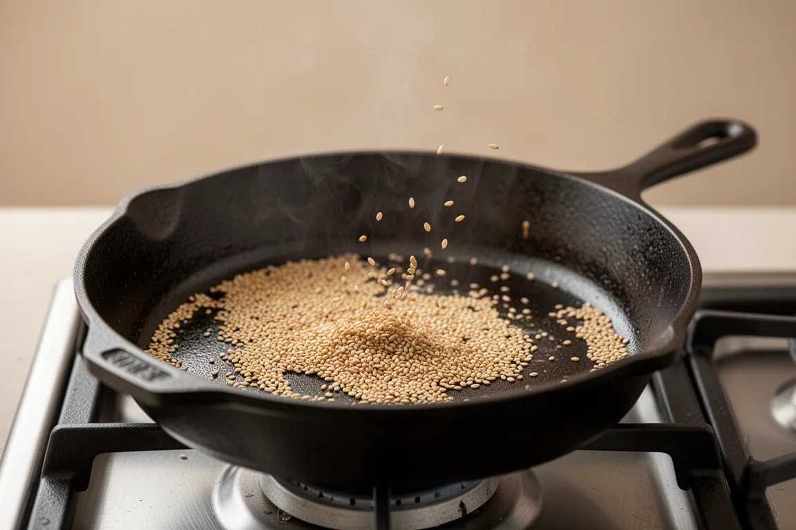 Sementes de gergelim sendo tostadas em uma frigideira em fogo baixo