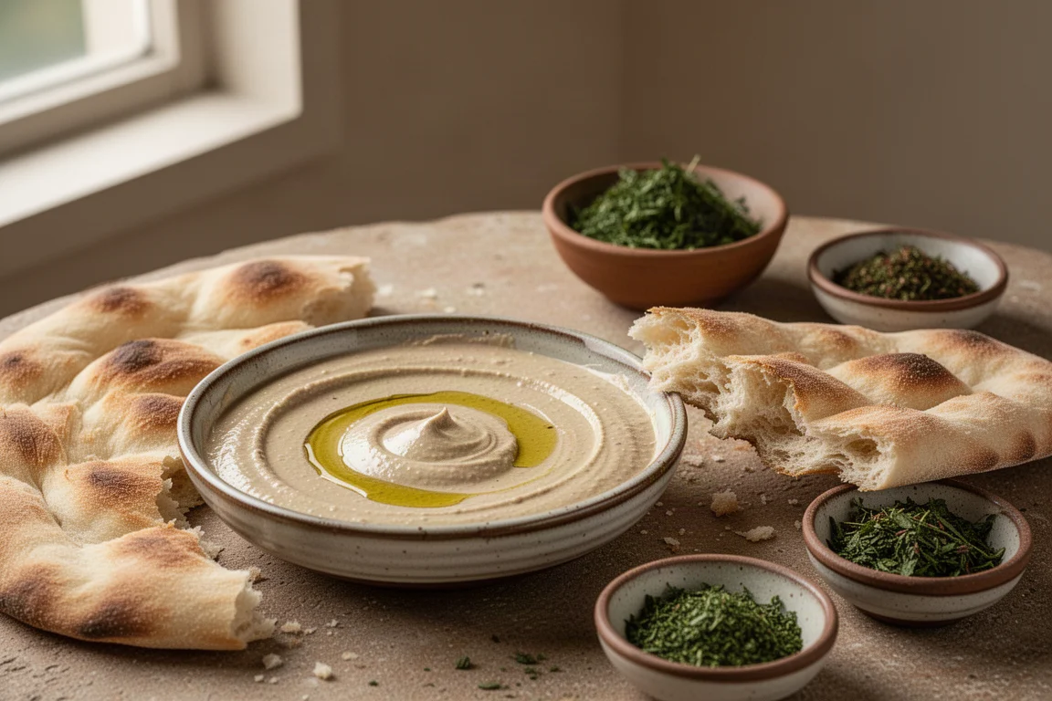 Mesa de mezze do Oriente Médio com tahine regado sobre o patê e pão achatado quente