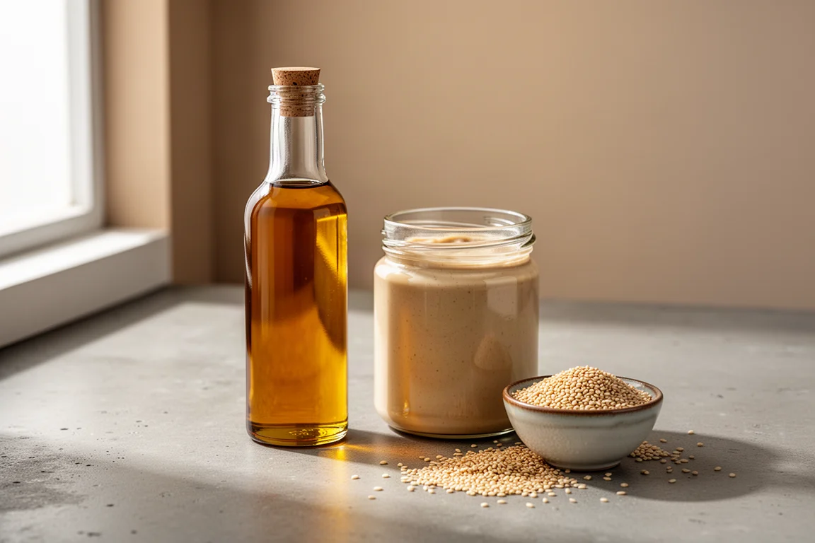 Bottle of sesame oil, jar of tahini, and bowl of sesame seeds on concrete surface
