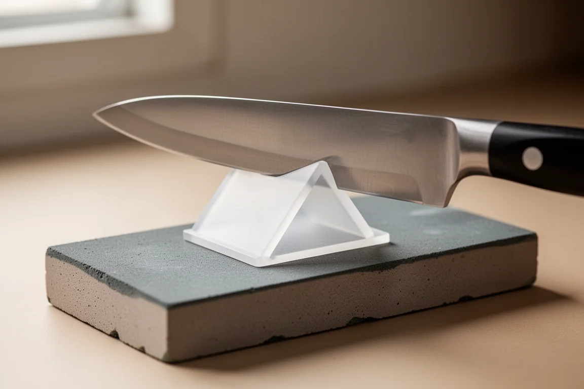 A knife blade resting against a small plastic angle ramp on a sharpening stone