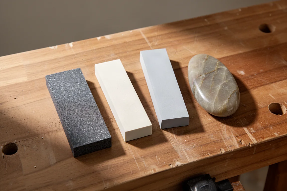 Sharpening stones of different types arranged on a workbench