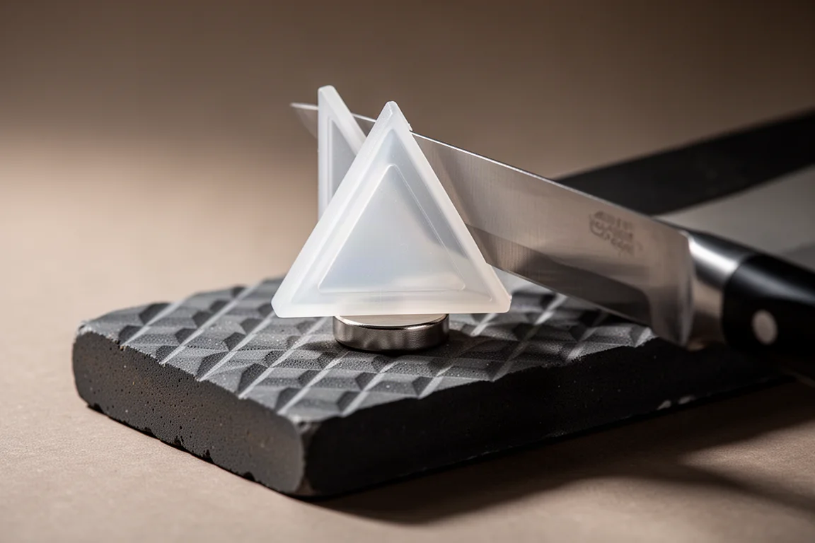 A small multi-angle plastic guide held against a knife edge on a stone