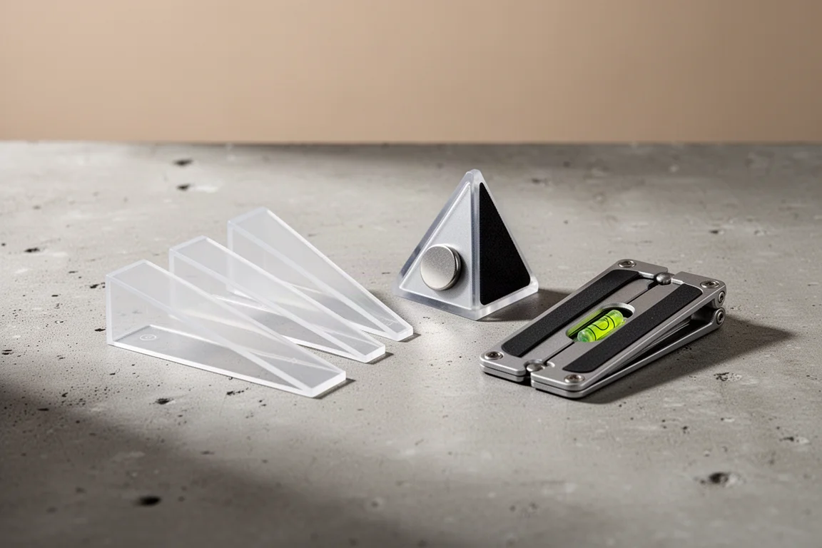 Three small sharpening angle guide tools arranged on a concrete surface