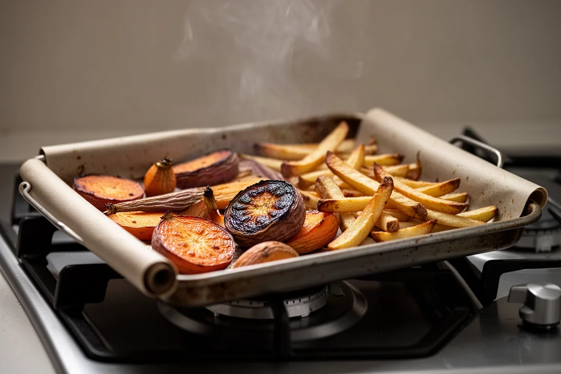 Backblech mit frisch aus dem Ofen genommenem Ofengemüse aus Wurzelgemüse