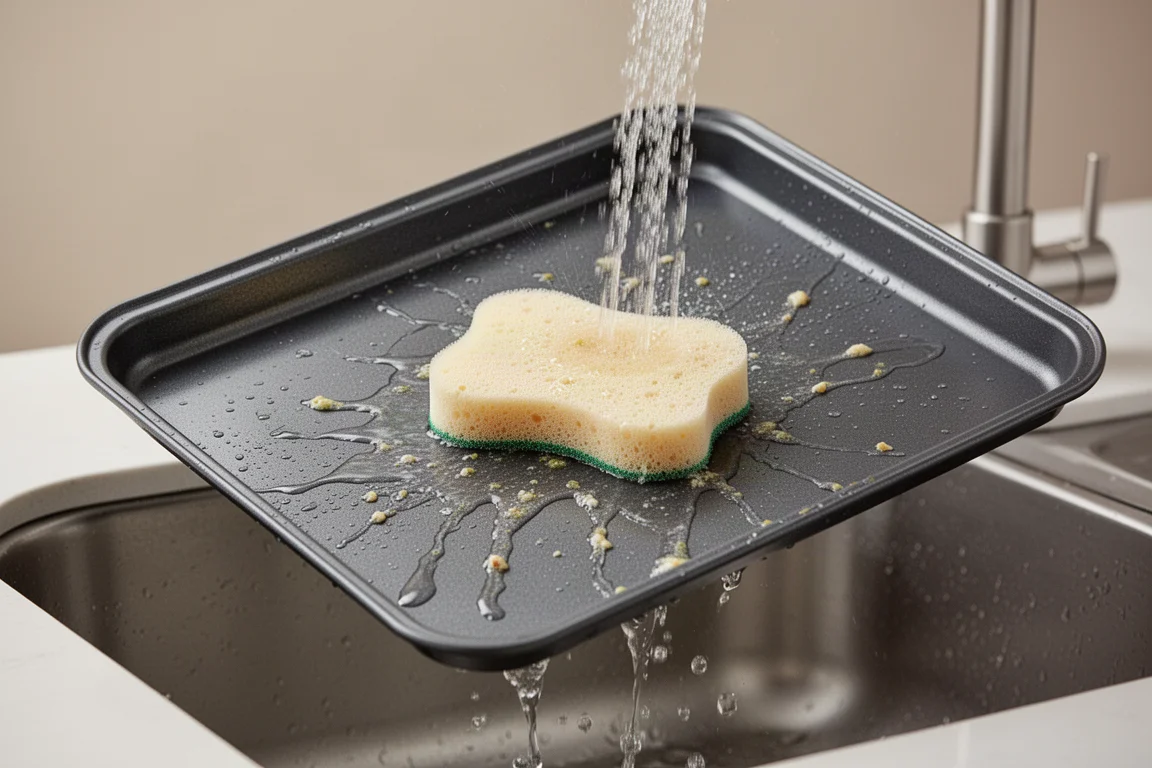Antihaft-Blech wird unter fließendem Wasser mit einem weichen Schwamm gespült