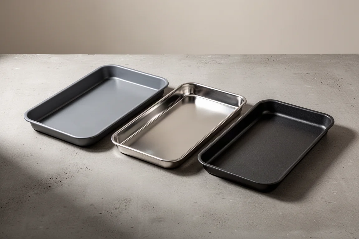 Three sheet pans in aluminum, stainless steel, and non-stick finishes on a concrete surface
