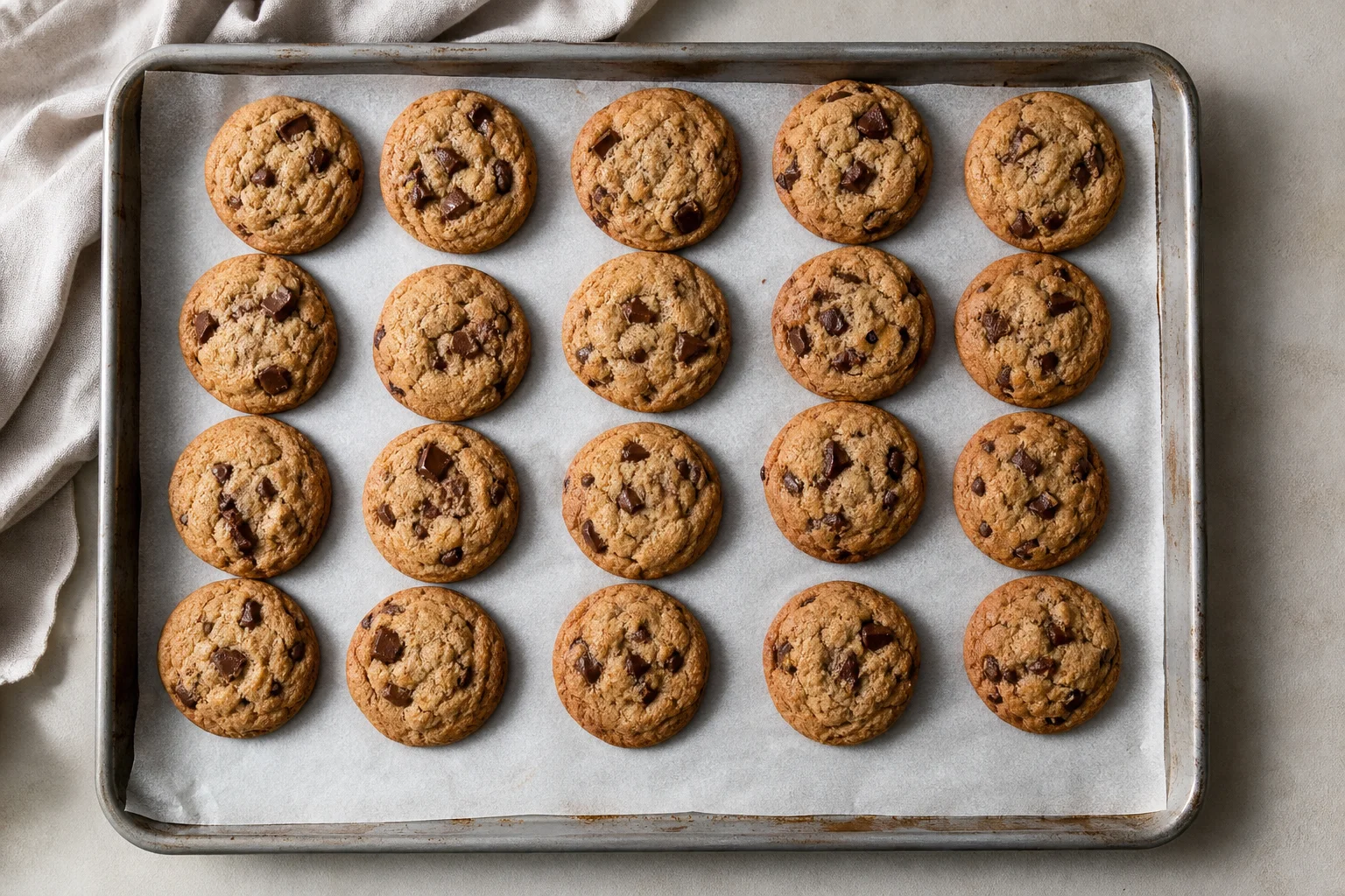 Baked cookies cooling on a sheet pan with even browning