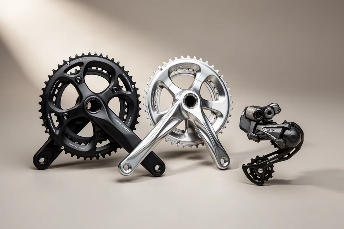 Twee crankstellen voor racefietsen en een elektronische achterderailleur op een grijze achtergrond