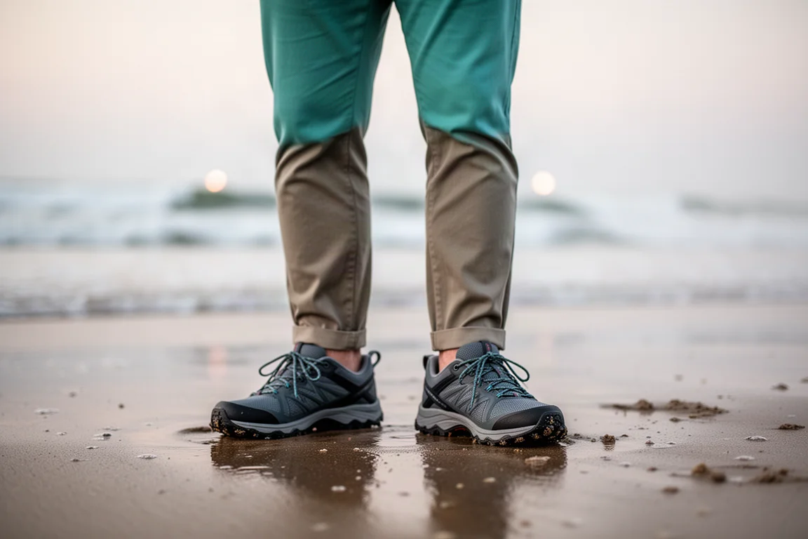 Zapatos de trail combinados con pantalones smart-casual en un entorno junto al mar al anochecer