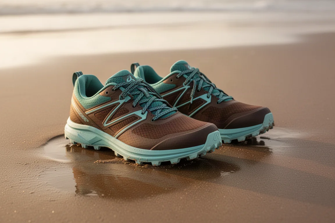Brown and teal low-profile trail shoes on wet beach sand at golden hour