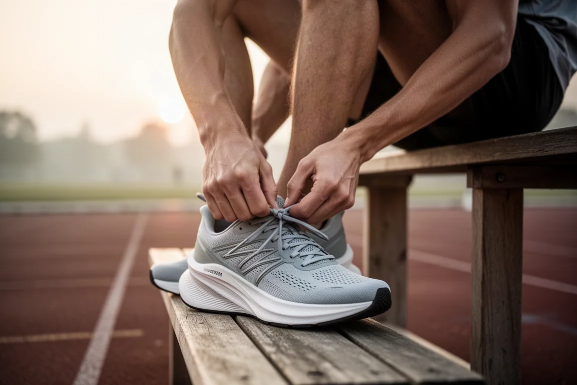 Sportowiec zapinający but z płytką na ławce przed długim bieganiem