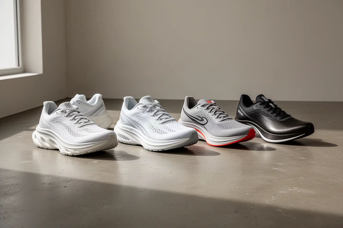 Five running shoes from daily trainer to carbon-plated racer lined up on concrete