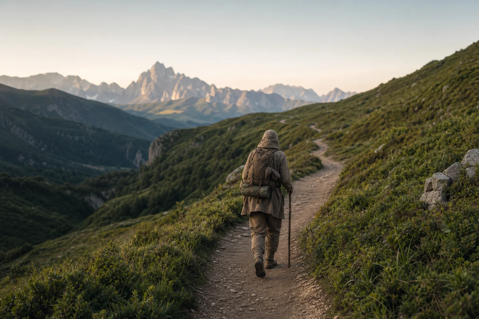 Pilgrim walking on mountain trail with distant peaks and morning light