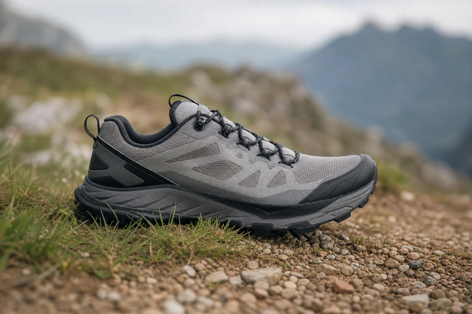 Trail running shoe on mixed terrain with grass and gravel