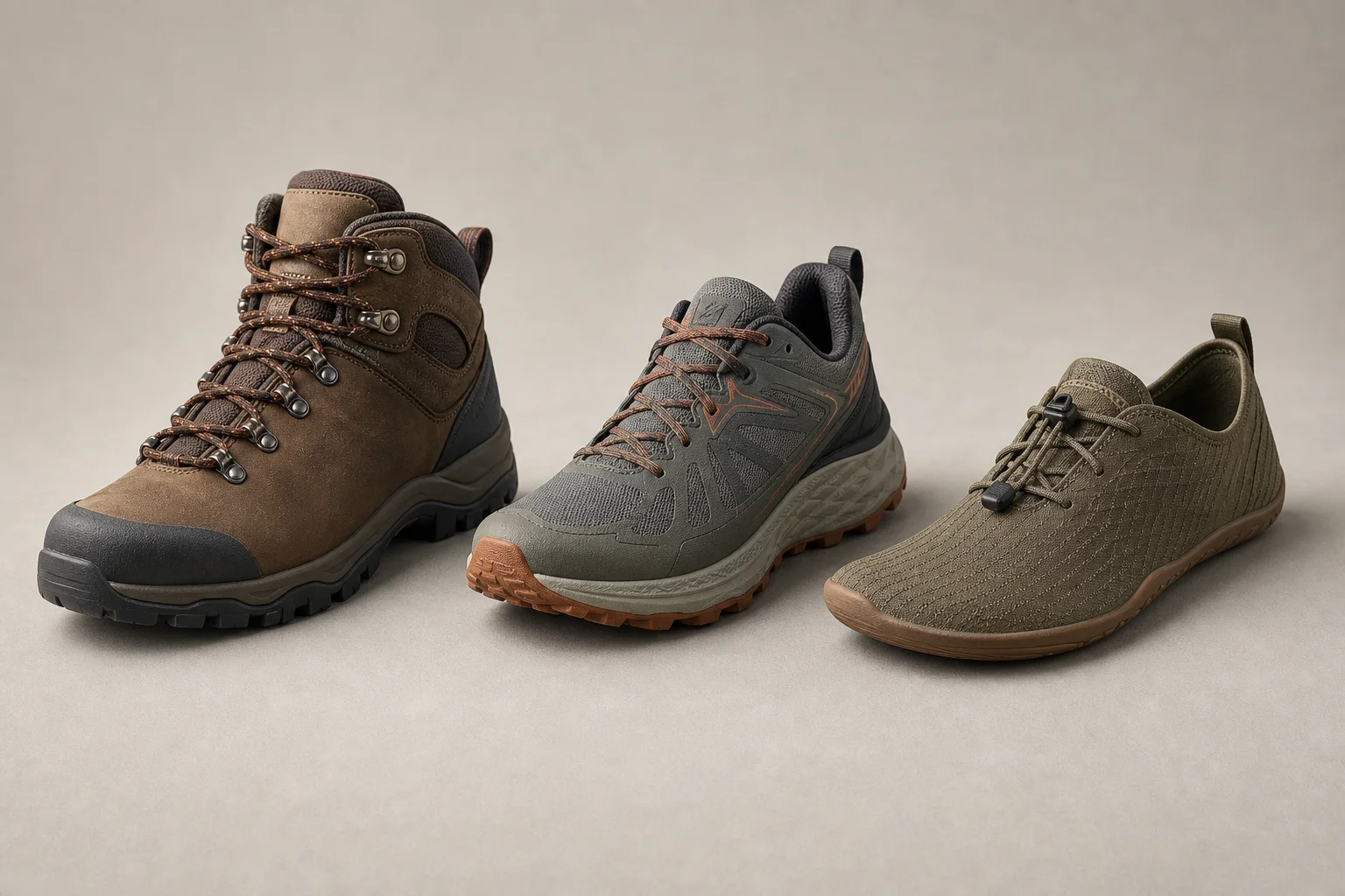 Three shoe types: hiking boot, trail running shoe, and minimalist barefoot shoe on neutral backdrop