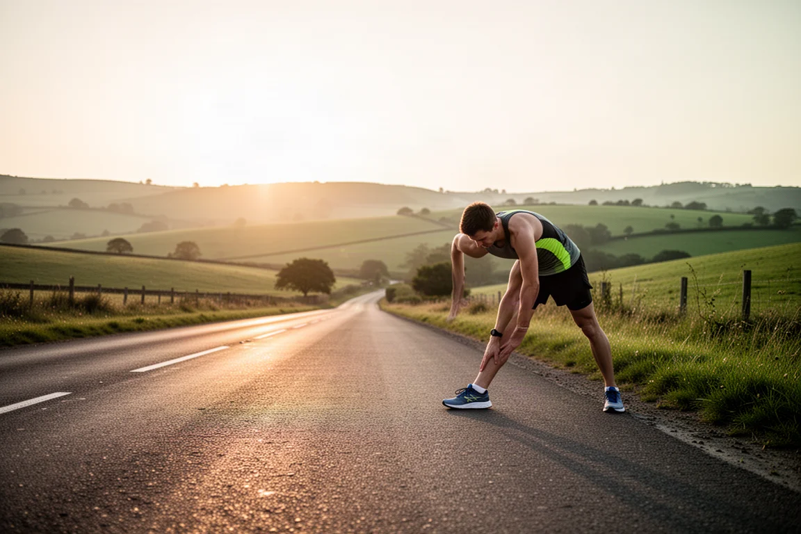 Runner che si allunga su una strada silenziosa prima di una lunga corsa al mattino presto
