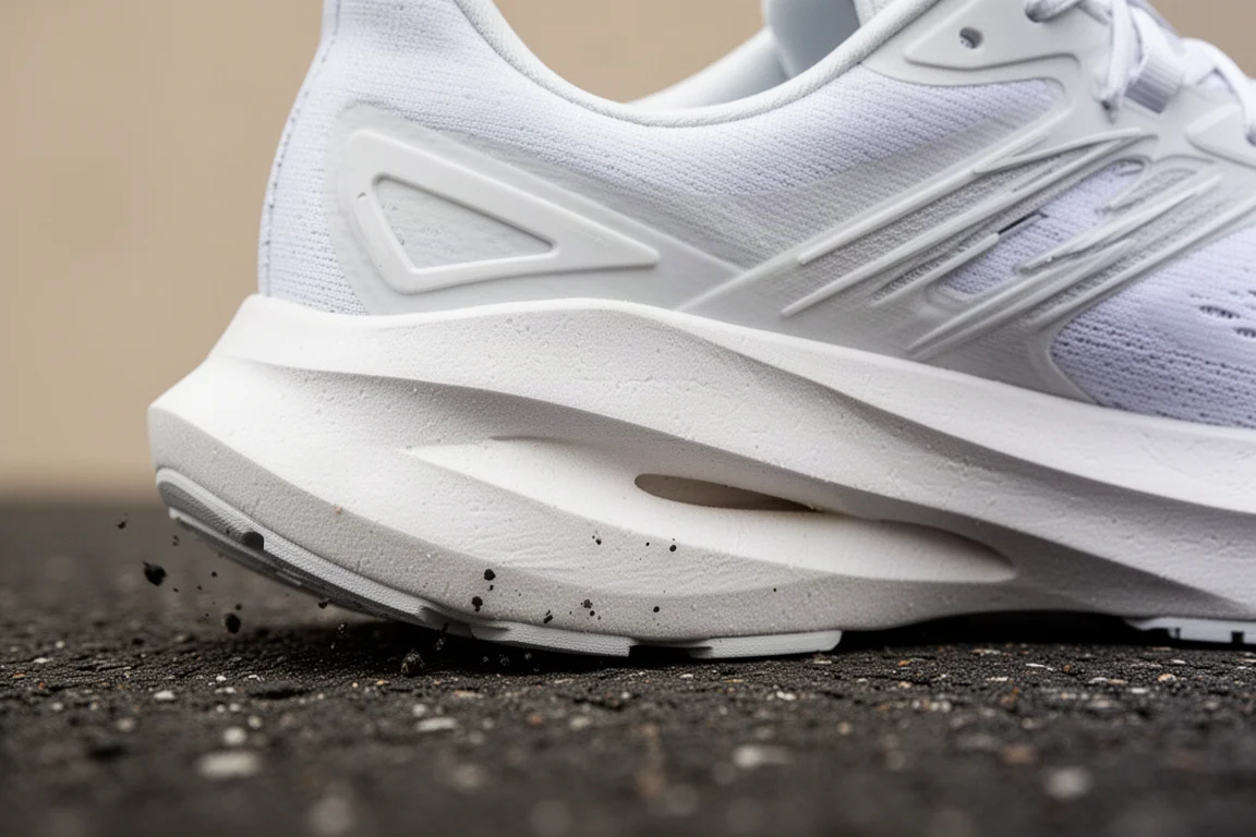 Primo piano di una intersuola di una scarpa da running che si comprime sull'asfalto