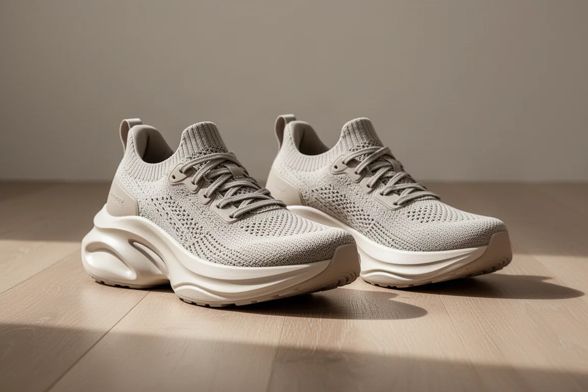 Scarpe da running ad alta ammortizzazione appoggiate su un pavimento di legno