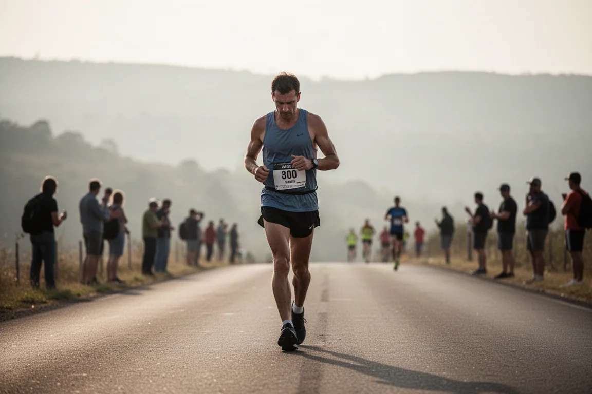 Runner che sale su una lunga salita durante una gara di ultra