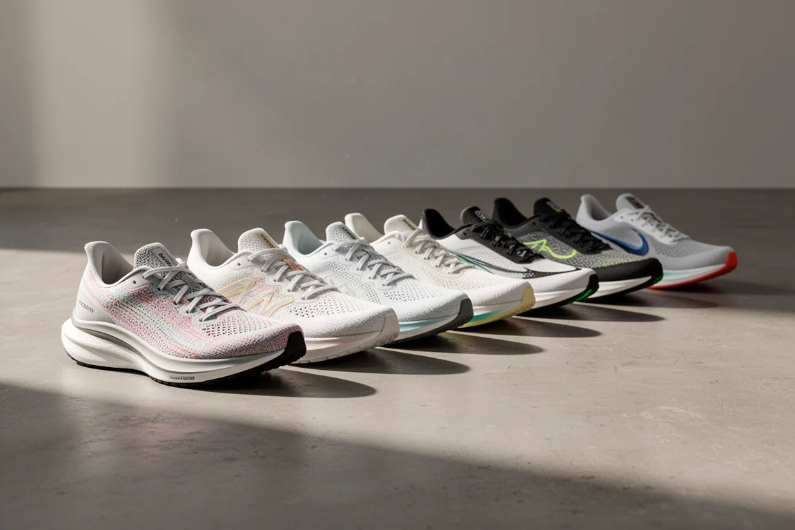 Zehn Laufschuhe in einer Reihe auf einem Betonboden aufgestellt