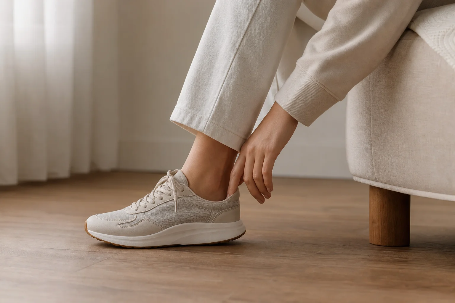 Persona probándose o examinando una zapatilla en interiores con luz natural