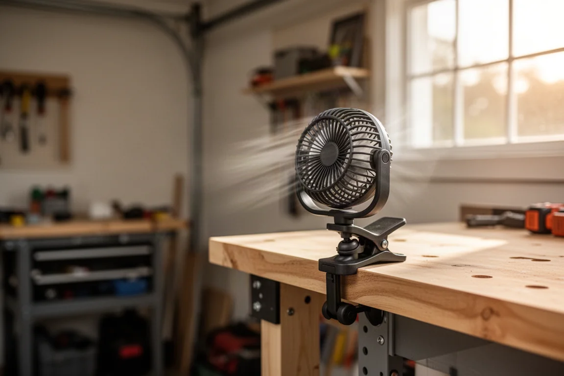 Compact clip fan mounted above a workbench in a home garage shop