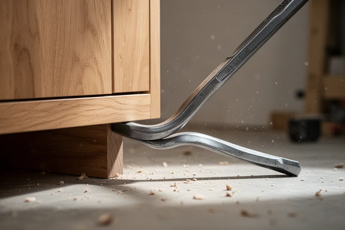 Long steel wrecking bar wedged under a cabinet edge for leverage