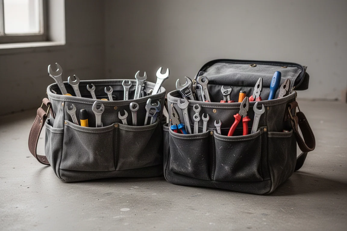 Two open tool bags packed with tools on a concrete workshop floor