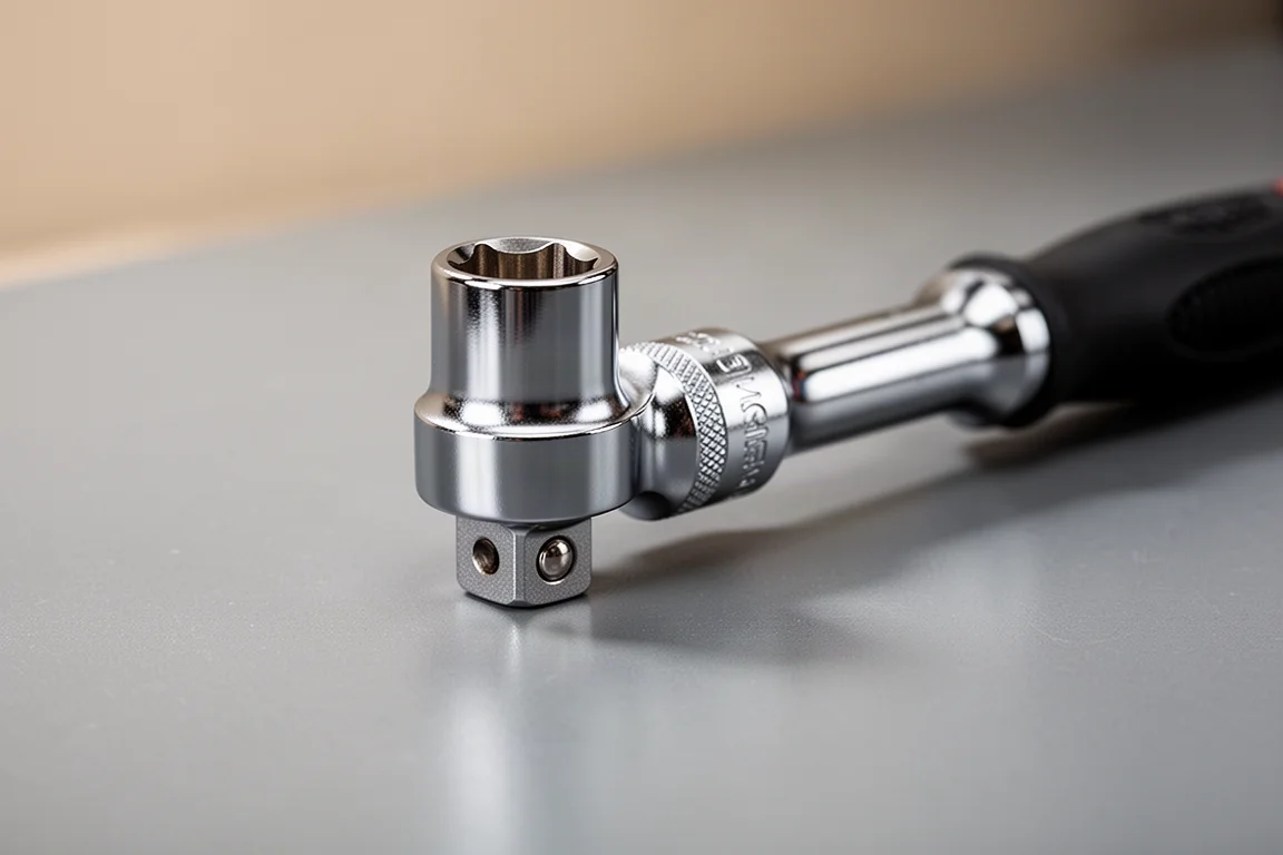 Chrome impact socket and ratchet resting on a workbench