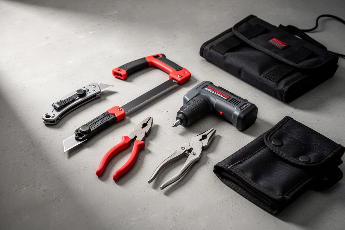 Flat-lay of affordable hand tools including a knife, pliers, hacksaw and snips on concrete