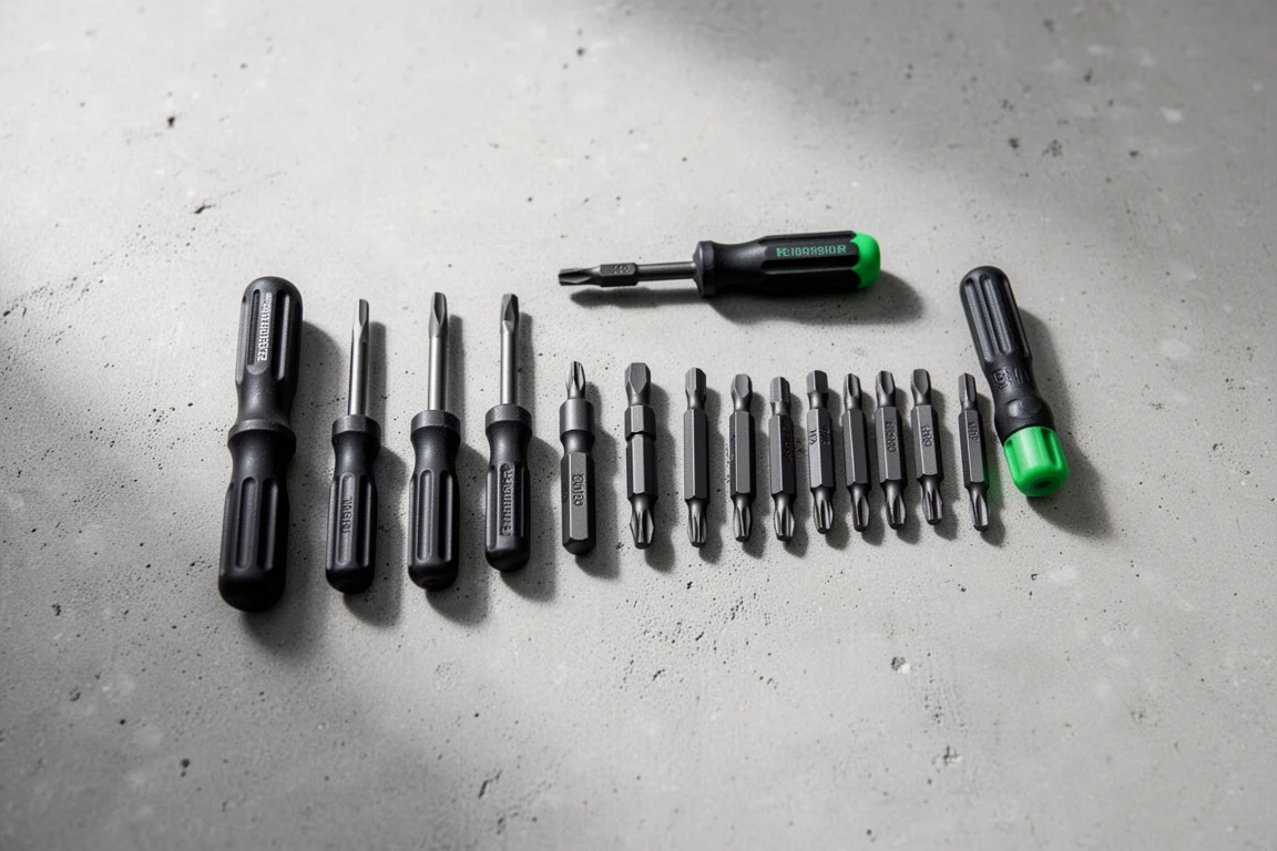 Kleiner grün-schwarzer Bithalter neben losen One-Inch-Bits