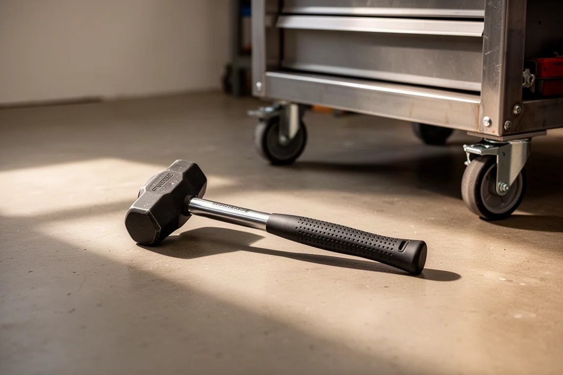 Martello dead blow dal manico corto appoggiato su un pavimento di cemento in officina