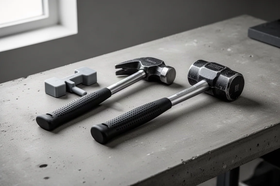 Two short-handled hammers side by side on a concrete workbench