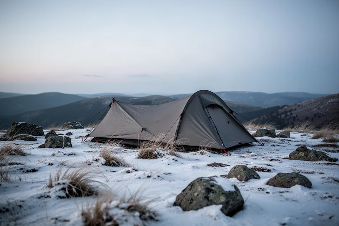 Campeggio in backcountry al crepuscolo con neve fresca, una tenda montata ed erba piegata dal vento