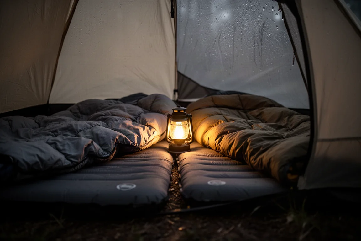 Dentro una tenda di notte, due stuoie sotto un quilt condiviso illuminate da una lanterna calda