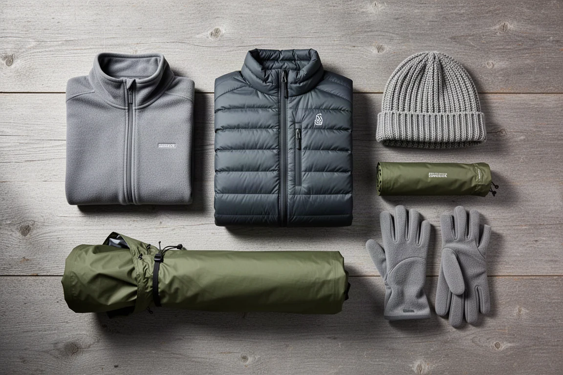 Flat-lay dall'alto di un sistema a strati per la mezza stagione su legno grigio consumato