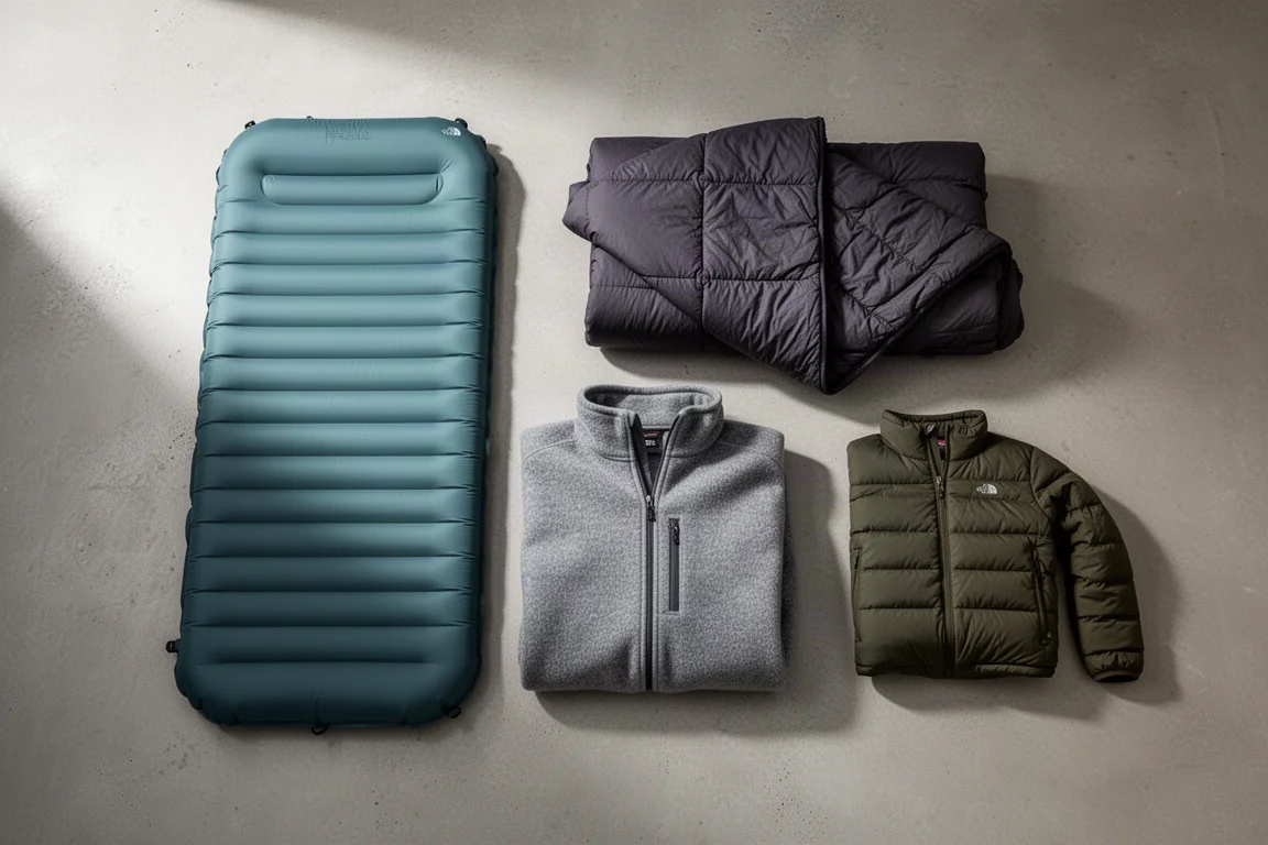 Flat-lay van uitrusting voor backpacken in het tussenseizoen met een slaapmat, quilt, fleece en geïsoleerd jack