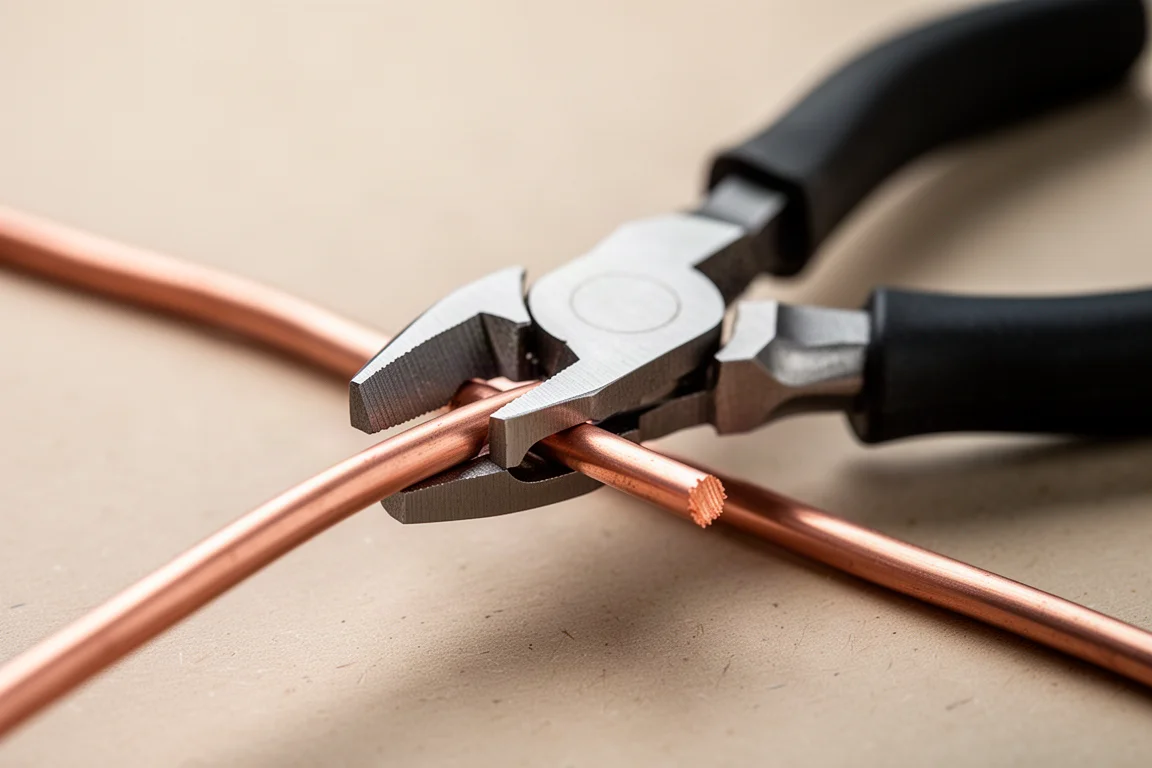 Saxtångens käftar som klipper av en bit stel elektrikertråd i koppar
