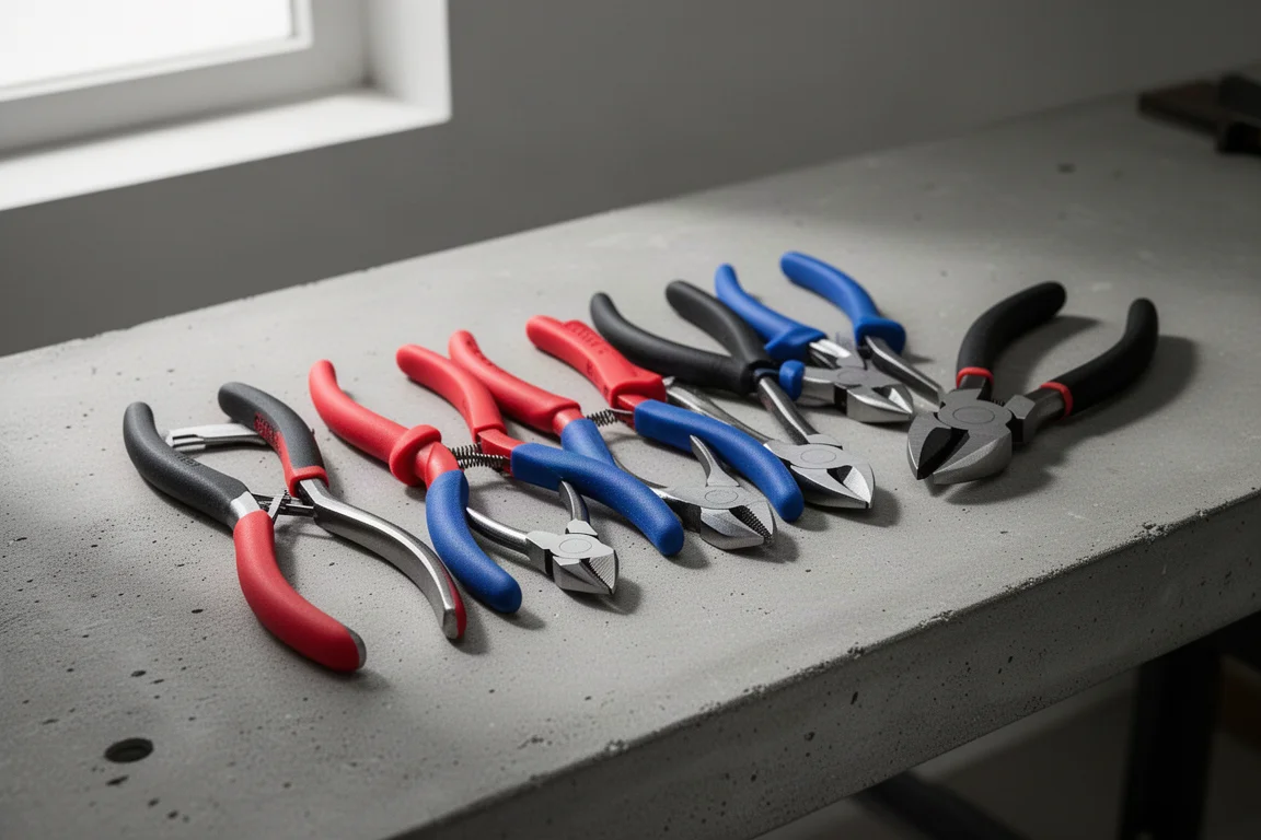Six side cutting pliers of varying sizes arranged in a row on a workbench