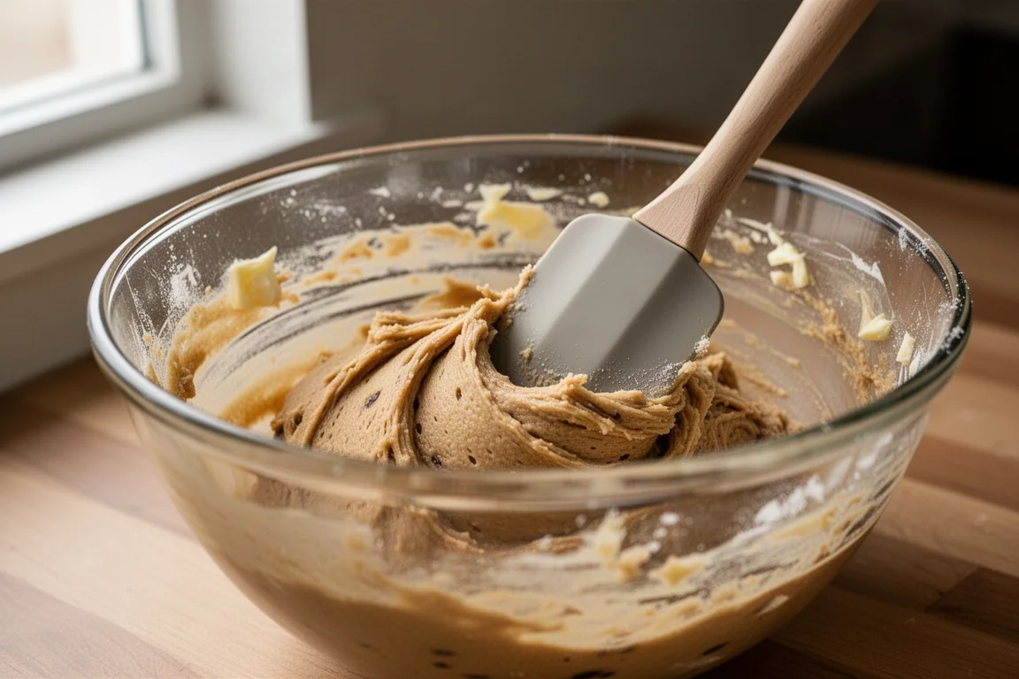 Cookie dough being folded in a glass mixing bowl with a silicone spatula