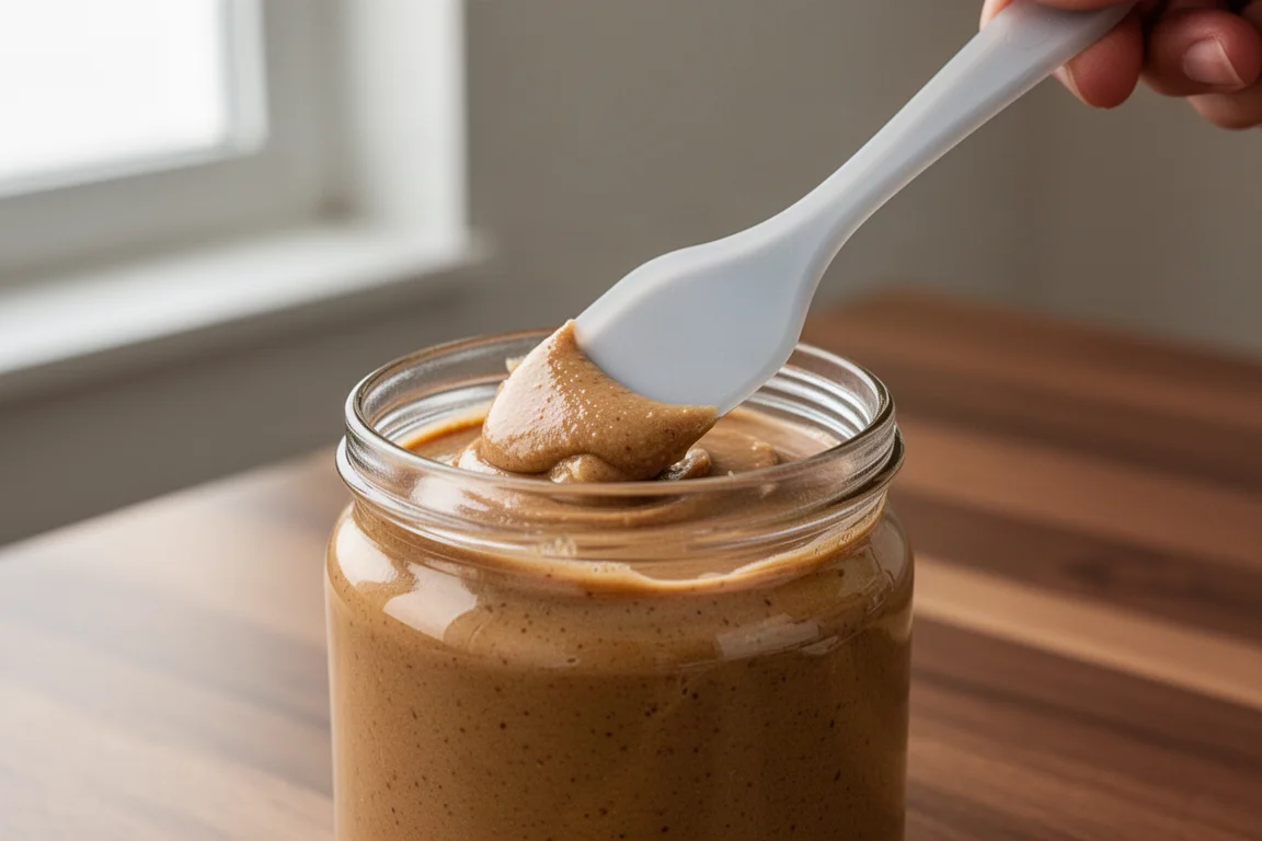 Silicone jar scraper removing peanut butter from the bottom of a glass jar