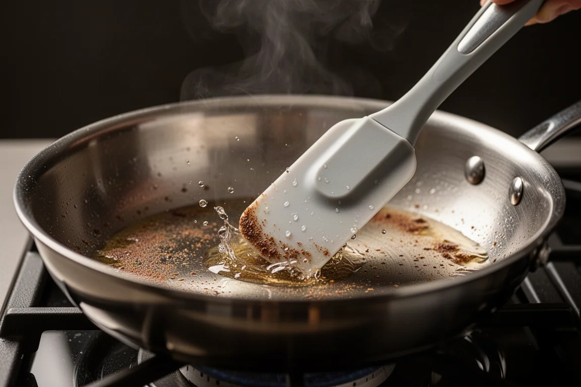 Scraper spatula deglazing a stainless steel pan with browned bits and steam