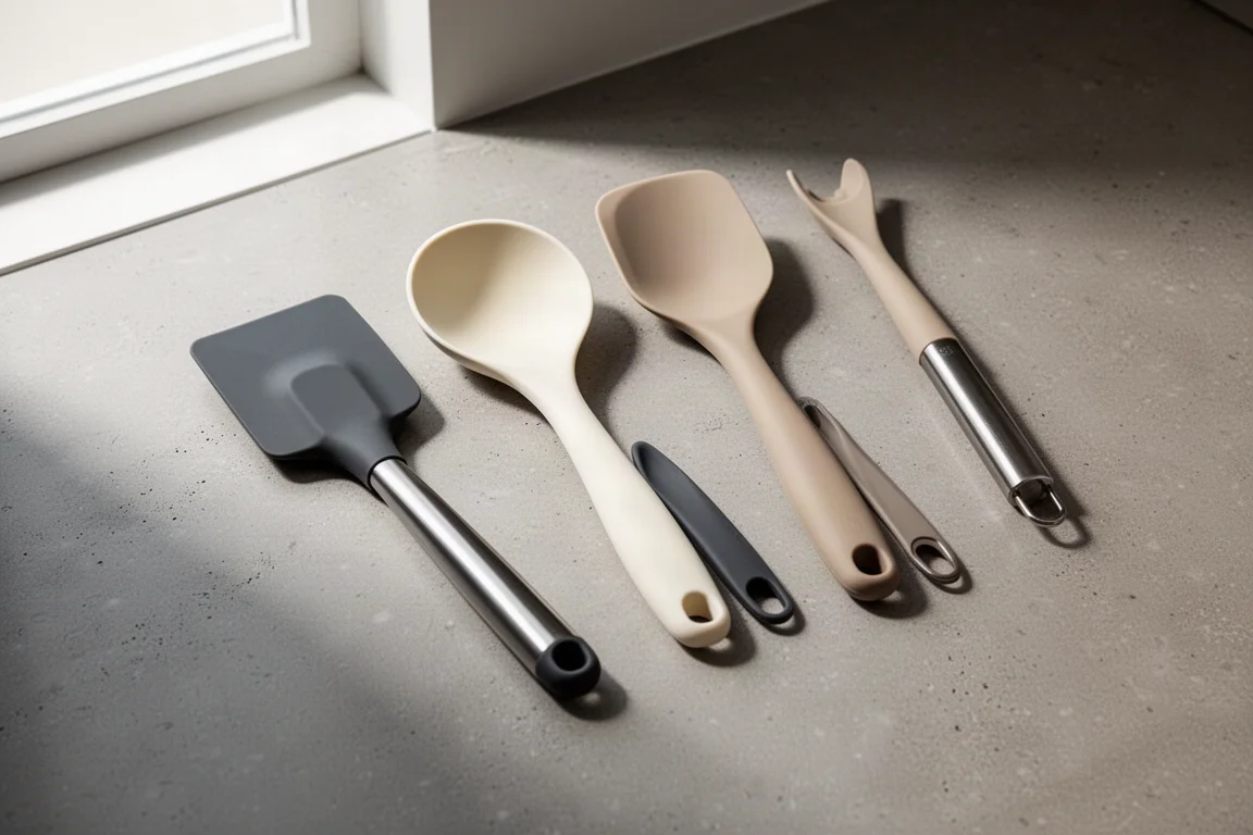 Assorted silicone spatulas, spoonulas, and jar scrapers arranged on a concrete countertop