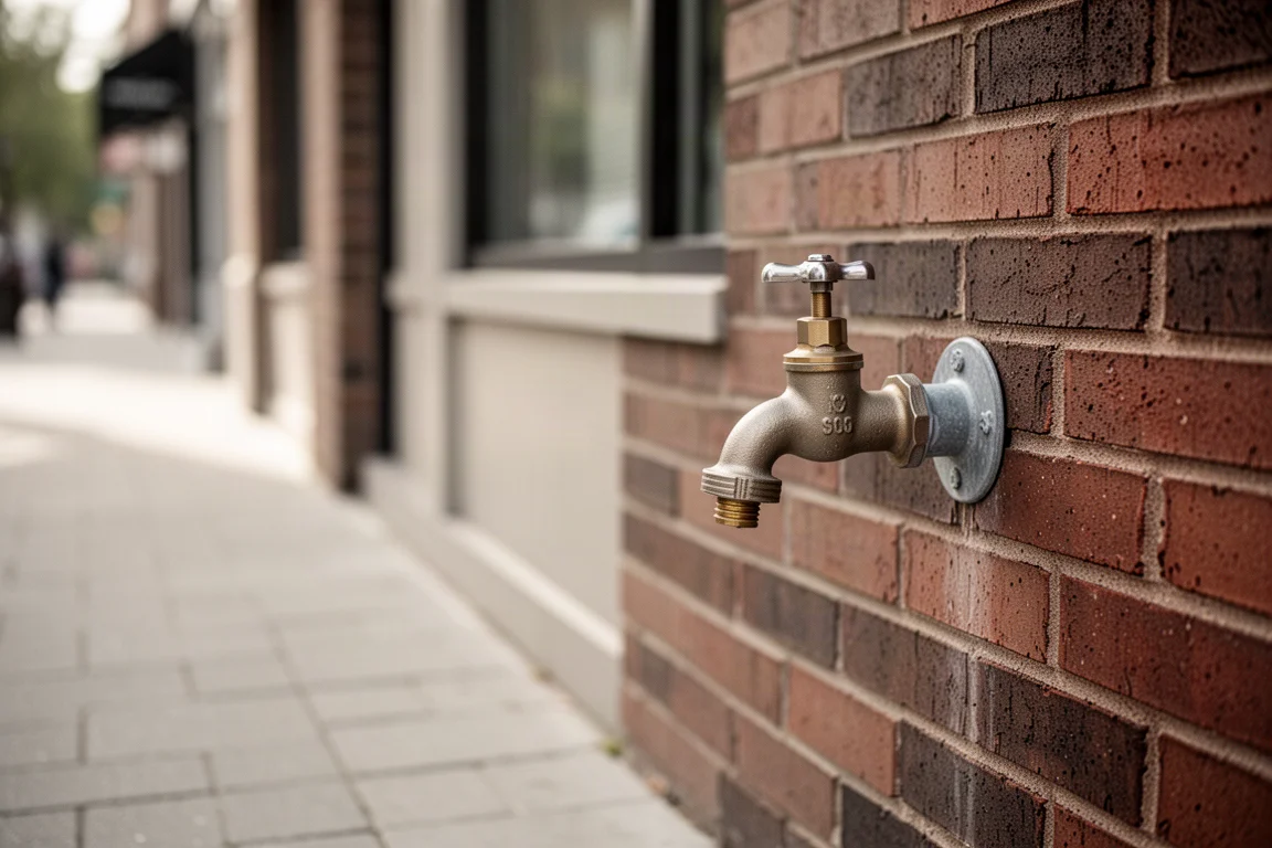 Rubinetto esterno dell'acqua su una parete di un edificio commerciale